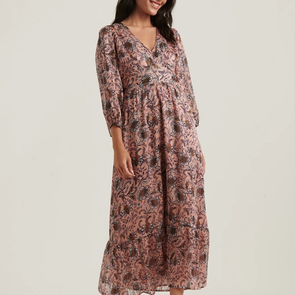 Lucky Brand Gabriella Maxi Dress Boho Flower Print Light Pink with Gold XS - Picture 5 of 13